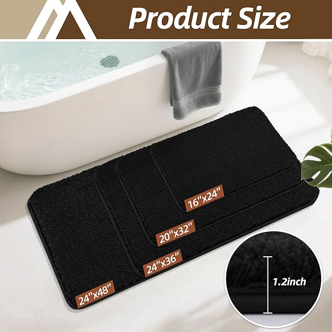 COSY HOMEER Bathroom Rugs Mat 20”x32” Absorbent Non-Slip Bath Mat Plush Shaggy Machine Washable Bath Rugs Soft Polyester Bath Mats for Bathroom Floor,Tub and Shower,Black