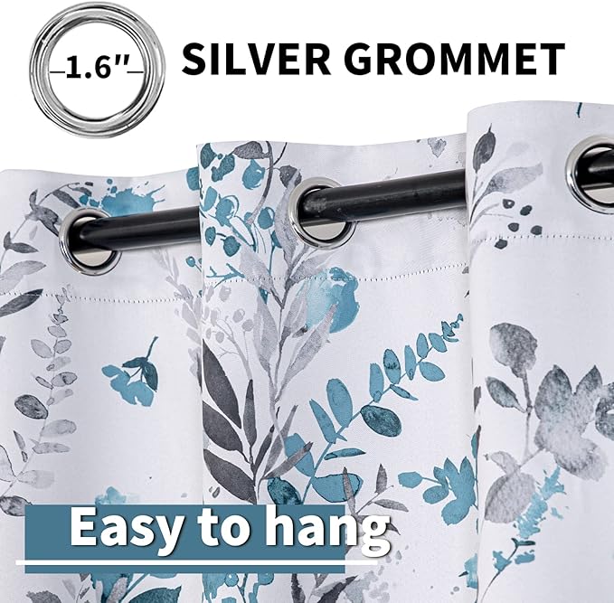 MYSKY HOME Floral Blackout Curtains for Kitchen Room Darkening Thermal Insulated Panels 54 Inch Long Light Blocking Grommet Rustic Curtains for Dormer Window, 2 Panels, Turquoise
