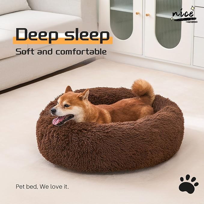 Comfort Donut Dog Bed for Small Dogs, Cat Bed & Pet Bed for Indoor Use, Medium Size with Soft Plush, Round Dog Beds for Large Dogs and Cats(Coffee, 32''Lx32''Wx8''Th)