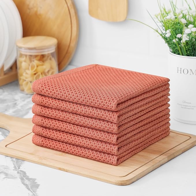 Kitinjoy 100% Cotton Kitchen Dish Cloths, 6 Pack Waffle Weave Ultra Soft Absorbent Dish Towels for Drying Dishes Quick Drying Kitchen Towels Dish Rags, 12 X 12 Inches, Coral