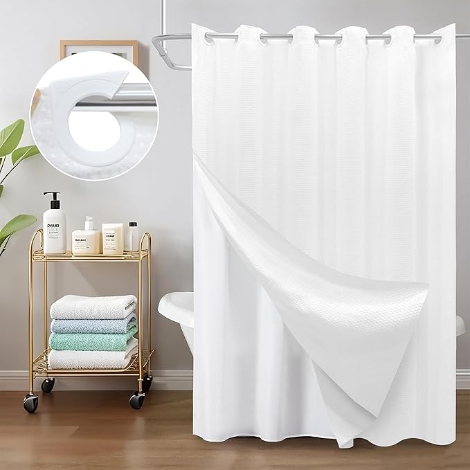Inhousolu No Hook Waffle Weave Shower Curtain with Removable Snap in Fabric Liner Set for Bathroom, 230 GSM Heavy Duty Weighted Hem, Water Repellent Washable Bath Curtains, 60 x 72 Inch, White