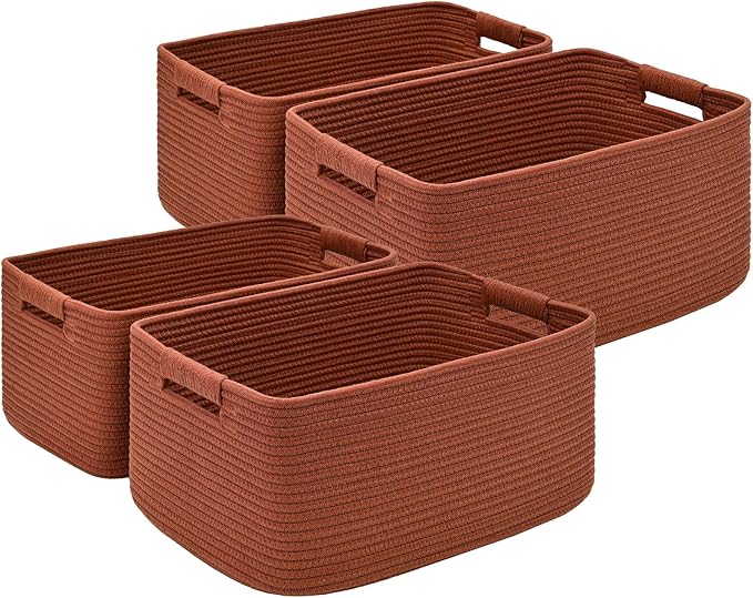 4 Pack Large Storage Basket for Organizing, 17.5"x13.5"x7.5" Woven Basket for Shelves, Closet Cube Storage Bins with Wrapped Handle, Cotton Rope Baskets for Kitchen, Clothes, Toys(Oxide Red)