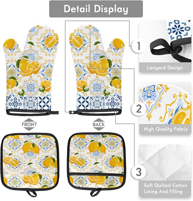 Oven Mitts and Pot Holders Set Ethnic Lemon - Heat Resistant Oven Gloves Potholder for BBQ Baking Grilling Cooking Kitchen Set of 2,Citrus Lemon Flower