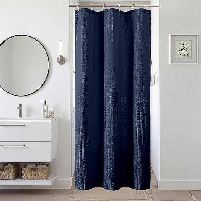 Ebesto Navy Blue Stall Shower Curtain 36 x 72 Inch, Textured Soft Fabric Waffle Narrow Size Modern Shower Small Curtain for Bathroom Hotel, Machine Washable, Water Resistant, 36Wx72L Inches