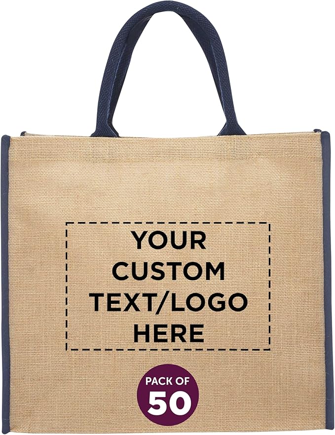 DISCOUNT PROMOS Custom Fresno Eco Friendly Jute Tote Bags Set of 50, Personalized Bulk Pack - Reusable, Great for Tradeshows, Grocery, Shopping and Outdoor Events - Blue