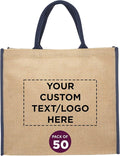 DISCOUNT PROMOS Custom Fresno Eco Friendly Jute Tote Bags Set of 50, Personalized Bulk Pack - Reusable, Great for Tradeshows, Grocery, Shopping and Outdoor Events - Blue