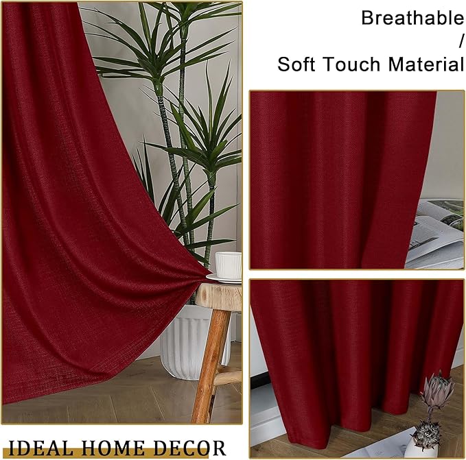 Lecloud Bessie Red Curtains 45 Inch Length 2 Panels Set, Airy Faux Linen Textured Light-Filtering Christmas Soft Curtains, Rod Pocket Window Treatments for Bedroom Living Room, Each 30" W x 45" L