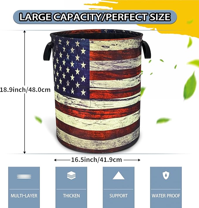 NUTAINLA Retro American Flag Laundry Basket Patriotic Foldable Oxford Cloth Funny Tote Bag Laundry Hamper Clothes Storage Bucket Toy Organizer For Bathroom/Laundry Storage/Bedroom 18.9x16.5 Inch