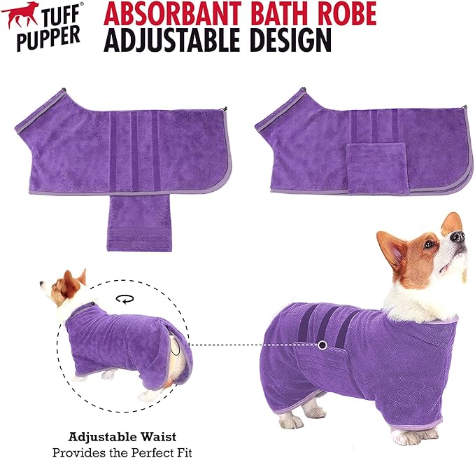 Tuff Pupper Fast Drying Dog Bath Robe | 800 GSM Plush Dog Towel Bathrobe/Dressing Gown | Super Absorbent Pet/Puppy Bathrobe | Adjustable Hood & Belly Strap | Super Soft | Fast Drying (S, Purple)