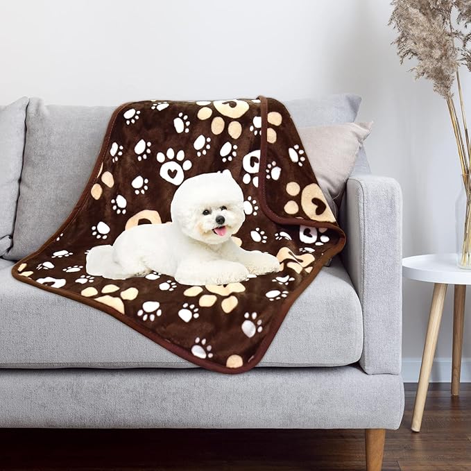 AHOOCUSTOM Dog Blanket, Soft Fleece Dog Blankets for Small Medium Dogs, Fluffy Flannel Pet Cat Puppy Blanket Mat Cover for Bed Couch, Cute Paw Print Throw Blanket for Dogs, Brown 40"X30"