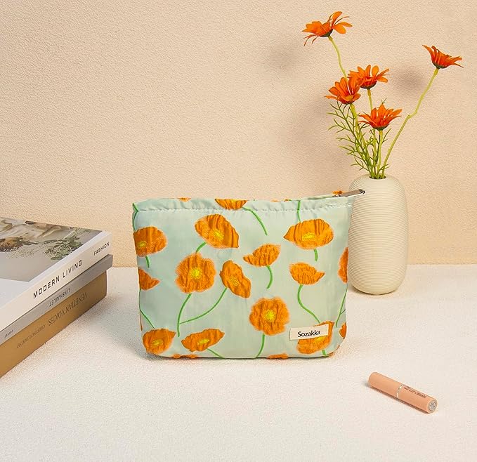 getgto 2 Pcs Makeup Bags, Large Cosmetic Bag Travel Toiletry Bag Organizer for Women, Embroidery Craft, Floral Makeup Bag Small Cosmetic Pouch Purse with Zipper Gifts for Girls Teen
