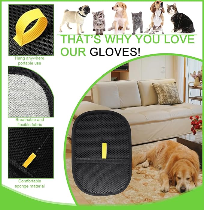 2PCS Pet Hair Removal Gloves，Reusable Static Dog & Cat Grooming Gloves, Upgraded Thickened Anti-Slip Grip for Clothes, Sofa, Car Seat, Couch, Carpet & Furniture