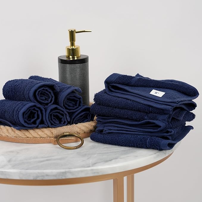 Tens Towels Pack of 12 Washcloths, 12 x 12 Inches, Lighter Weight, Quick to Dry, Super Soft & Absorbent, Gentle Face Towels, Hotel Quality, Perfect for Bathroom, Gym, Spa (Navy, 12 Pack)