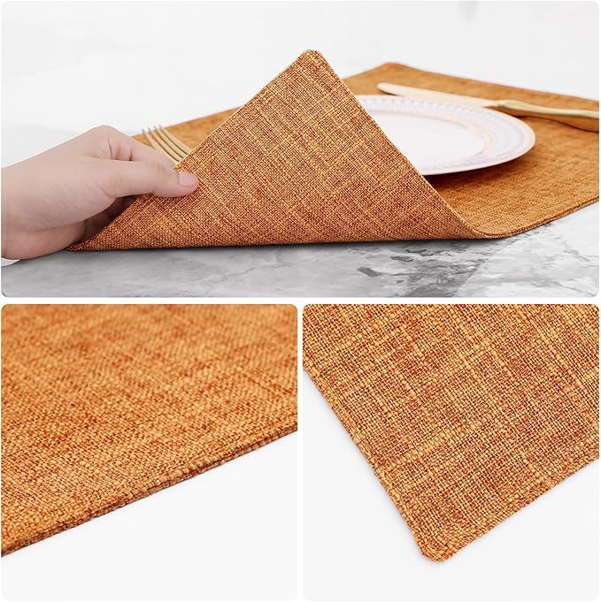 homing Cotton Linen Placemats Set of 8, Cloth Washable Farmhouse Dining Table Mats for Indoors & Outdoors, Easy to Clean, Orange, 13 x 19 Inch