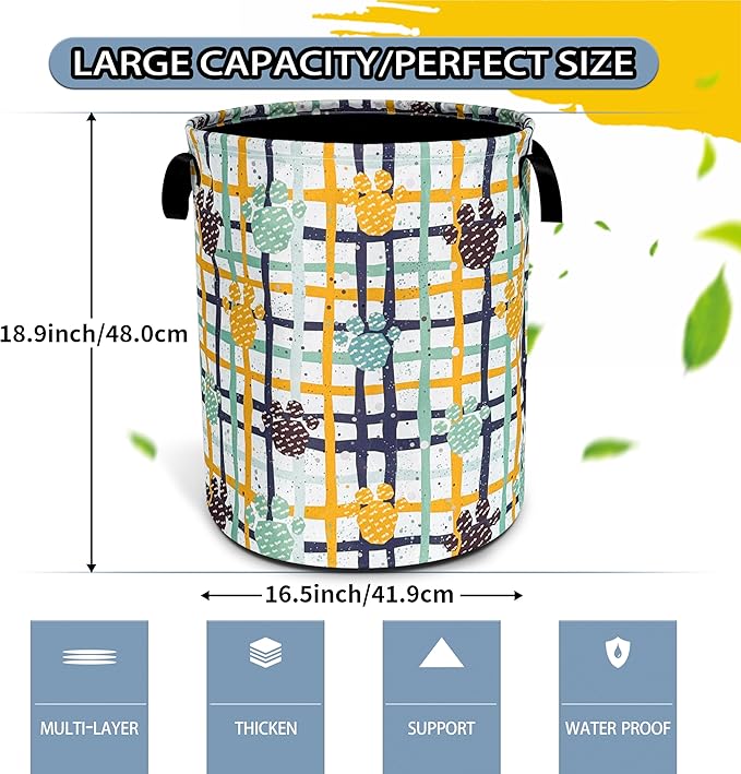 NUTAINLA Paw Prints Laundry Basket Cat Dog Pet Paw Foldable Oxford Cloth Funny Tote Bag Laundry Hamper Clothes Storage Bucket Toy Organizer For Bathroom/Laundry Storage/Bedroom 18.9x16.5 Inch