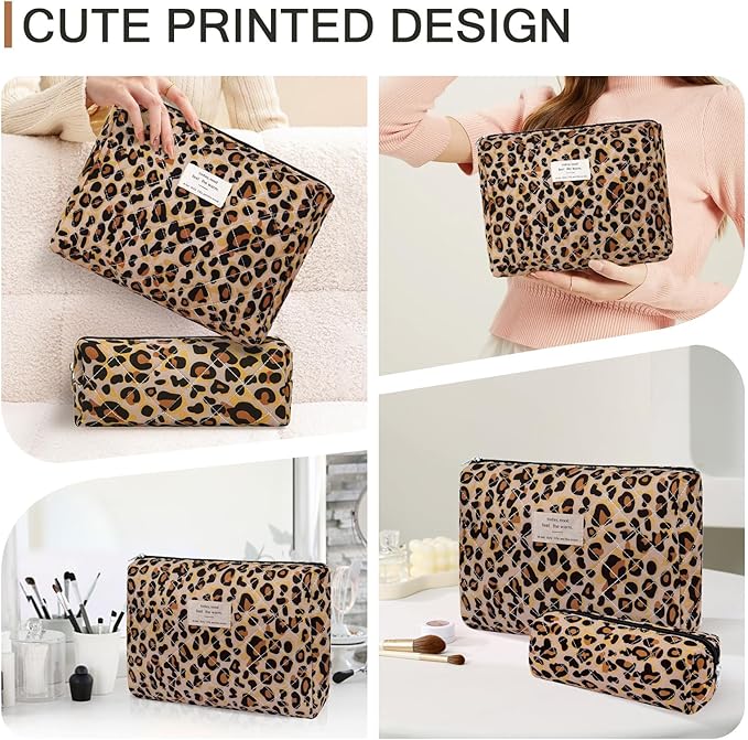 Gosect 2PC Makeup Bag Set, Cute Cosmetic Bag for Women Girls, Floral Coquette Aesthetic Toiletry Bag, Travel Make Up Organizer Bag (Leopard Print)