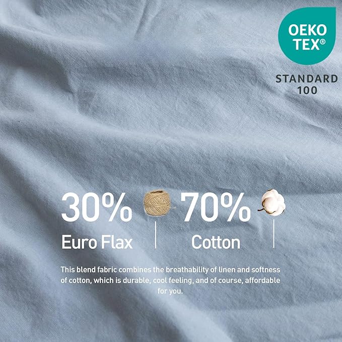 Simple&Opulence Belgian Linen Sheet Set Solid Color - 6 Pieces (1 Flat Sheet & 1 Fitted Sheet & 4 Pillowcases) 16" Deep Pocket Natural Flax Cotton Blended Soft Bedding - Dusty Blue, King Size