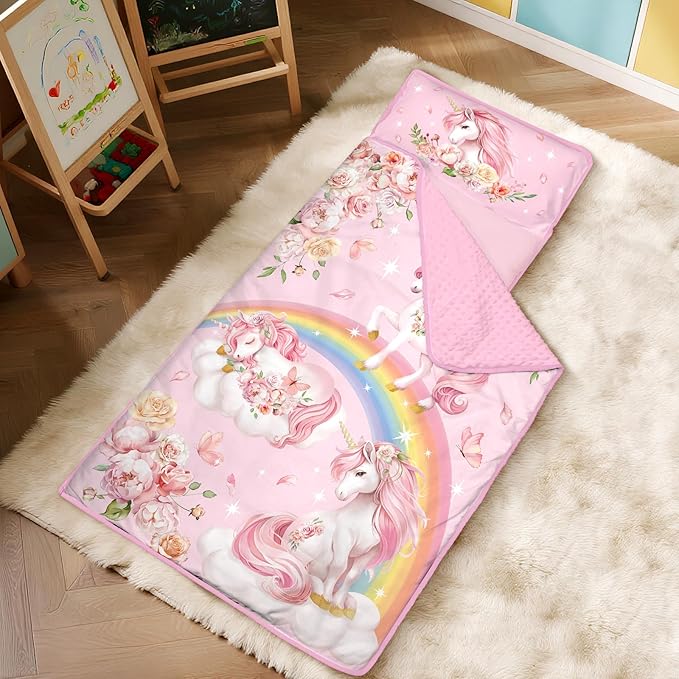 Toddler Nap Mat Kids Sleeping Bag 59"×24", Soft Slumber Bag with Removable Pillow and Blanket for Kids Girls Boys,Roll Up Sleeping Mat Thick for Camping,Daycare, Kindergarden