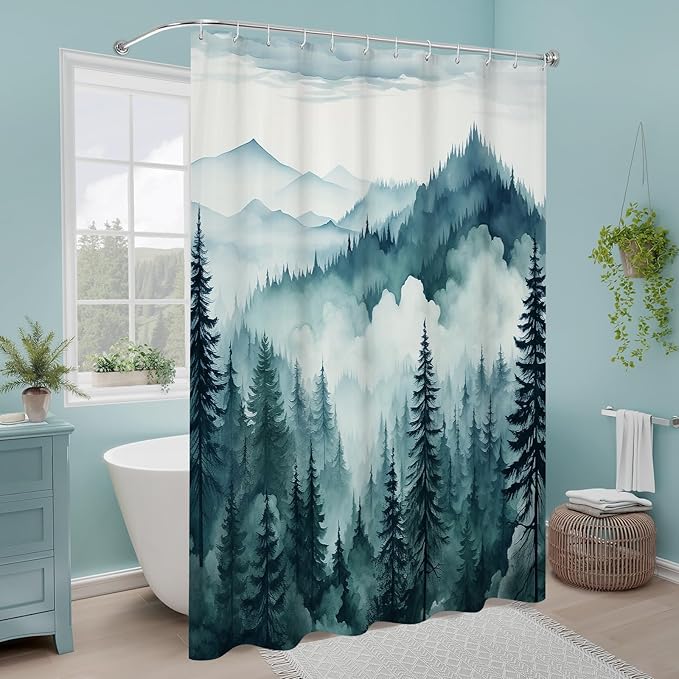 Litabel Peacock Blue Small Stall Misty Pine Forest Shower Curtain 36 x 72, Mountain Foggy Woodland Scenery Tree Narrow Half Size Shower Curtains for Bathroom, Abstract Waterproof Nature-Themed Decor