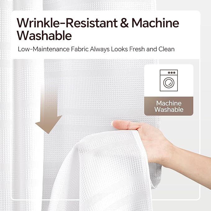 TURKIO White Waffle Shower Curtain, Waffle Weave Striped Shower Curtain Hotel Luxury White Fabric Shower Curtains for Bathroom