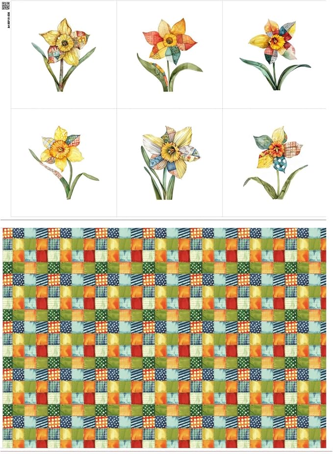 Daffodil Patchwork Cotton Fabric Panel – 6 Designs (10×10 inch Each) + Bonus Patchwork Sheet 29.5×19.6 inch, 100% Cotton 140 GSM