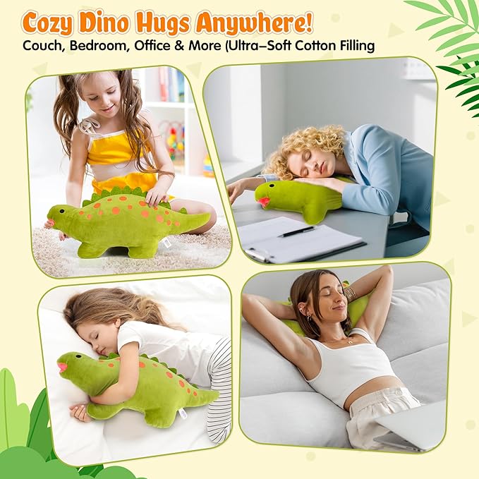 BB FUN HOUSE Dinosaur Pillow Plush, Stuffed Animal Birthday Gift Dino Decorative Throw Pillow for Kids Teens Adult Room Decor Soft Plushie Toy, Green