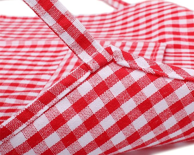 Jennice Kids Aprons - Pure Cotton Gingham Aprons with Pocket and Adjustable Neck Strap, Perfect for Painting, Cooking or Parties (Red, L)