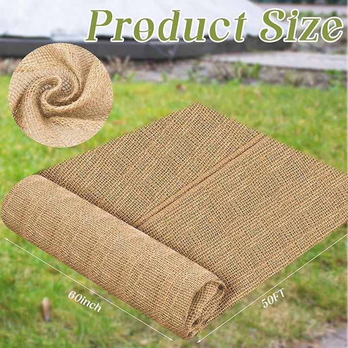 Buryeah 60 Inch x 50 ft Burlap Fabrics Roll Natural Gardening Multipurpose Burlap Weed Barrier Garden Landscape High Density Fabric Jute for Outdoor Home Craft Party Decor Wedding
