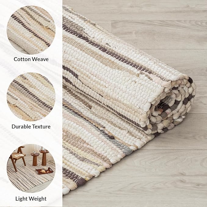 HOMEMONDE Beige Chindi Rug 4'x6' Recycled Soft Cotton Rag Rug Hand Crafted Reversible Farmhouse Style Boho Home Decor for Bedroom, Living Room, Kitchen, Entyrway
