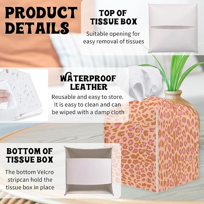 Leopard Square Tissue Box Holder Cover, Tissue Cube Box Organizer for Bathroom, Living Room, Office, Countertop, Car, Night Stands, Modern Home Desk Tabletop Decor - A02