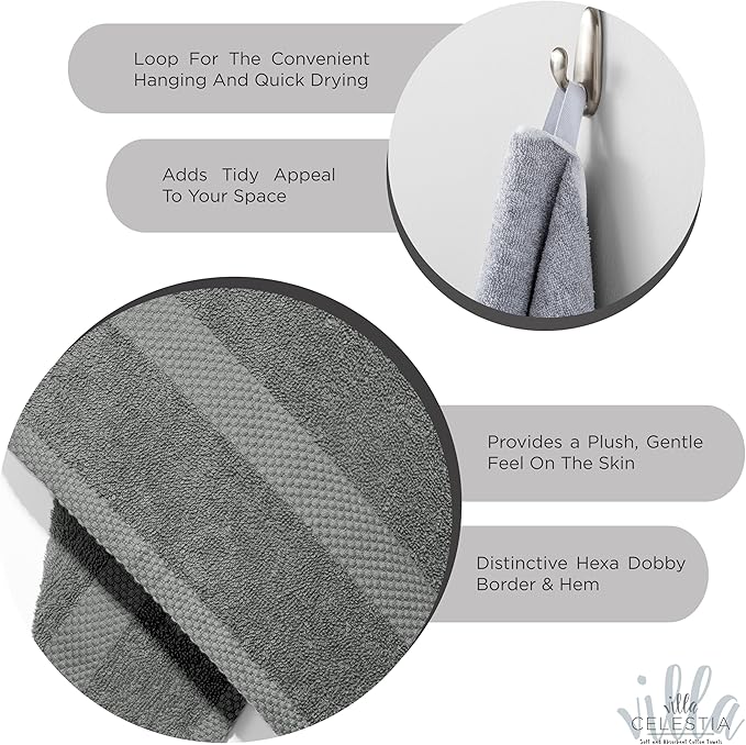 Villa Celestia 100% Cotton Hand Towel Set of 2, (16 x 28 inches) Sustainable, Soft, Highly Absorbent, Quick Drying, Combed Cotton Hand Towels Pack of 2 Ideal for Hotels, Spa, Bathroom, Dorm, Grey