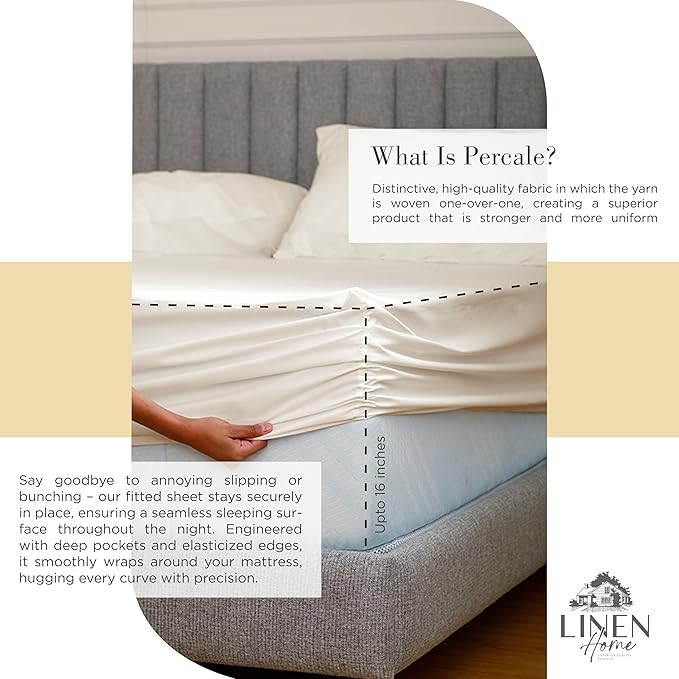 Linen Home 100% Cotton Percale Sheets King Size, Ivory, Deep Pocket, 4 Pieces Set - 1 Flat, 1 Deep Pocket Fitted Sheet and 2 Pillowcases, Crisp Cool and Strong Bed Linen