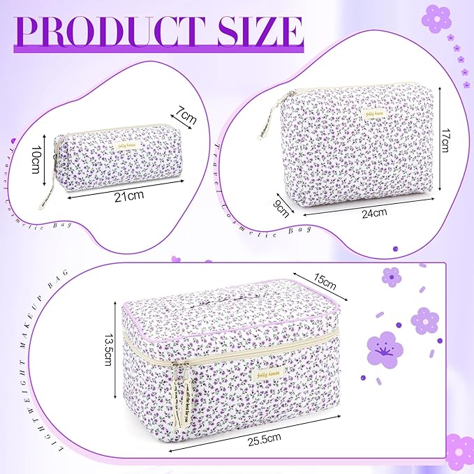 Zeyune 3 Pcs Makeup Bag Quilted Cosmetic Bags Large Floral Makeup Bag Set for Women Cotton Flower Travel Toiletry Storage Cute with Zipper for Women Mom Birthday Gift Home Bathroom(Flower)