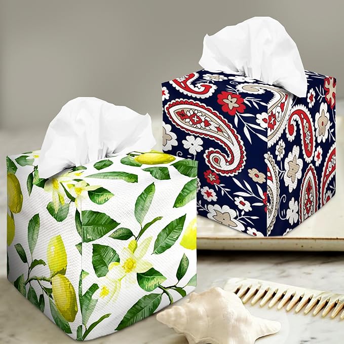 Tissue Box Cover Square Decorative Tissue Box Holder Cute Funny Cube Tissue Case Cover-Fresh Lemon Flower Tissue Box Cover