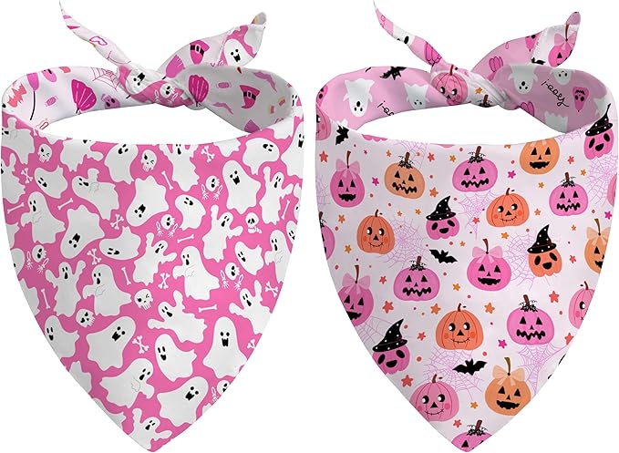 Halloween Dog Bandanas Reversible 2 Pack, Pink Pumpkin Ghost Bat Cute Halloween Pet Bandanas for Dogs Adjustable Triangle Holiday Scarves for Medium Large Extra Large Boy Girl Dogs