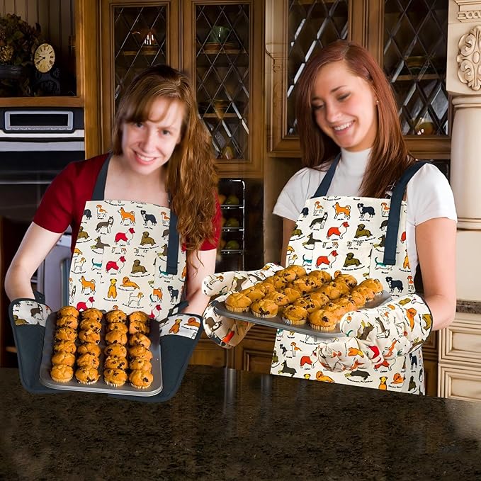 Oven Mitts and Pot Holders with Chef Apron,Set of 5 Heat Resistant Kitchen Gloves and Silicone Non-Slip Potholders Adjustable Neck Buckle Chef Apron, Cotton Nice Design for Cooking (Dog)