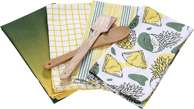 ACCENTHOME Kitchen Towels Set of 4 Super Absorbent Durable Towels Perfect for Kitchen Mess & Drying Dishes 50x70 cm Stripe & Check Pattern Pineapple Slices Print