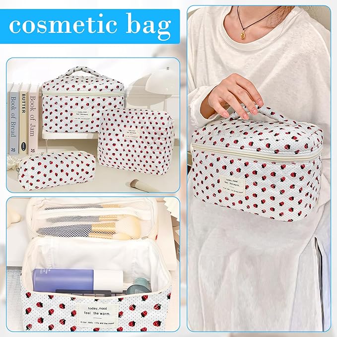 Cozomga Quilted Makeup Bag, Large Capacity Travel Cosmetic Bag for Women and Girls, Aesthetic Storage for Daily and Travel Use (3pcs-Wildstrawberry)