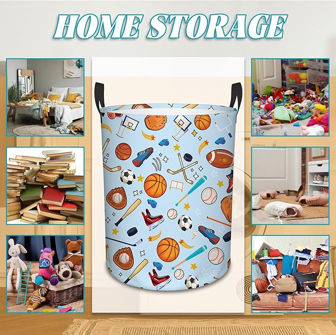 Sports Laundry Basket for Boys and Girls, 43L Round Oxford Cloth Laundry Hamper, Waterproof Collapsible Storage Organizer Bin with Handles for Toys, Gifts for Chritsmas Thanksgiving 13.8x17.7inin