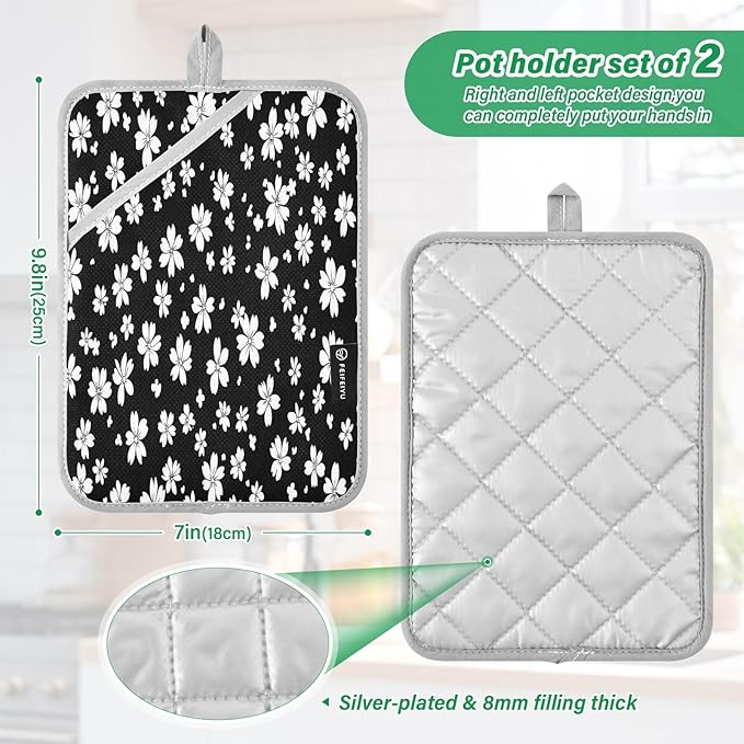 Pot Holders Set of 2 White Floral Hot Pads for Kitchen Heat Resistant Potholders Sets for Kitchen and Baking 7x9.8in