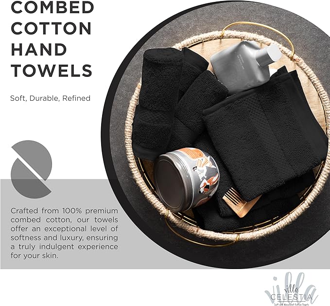 Villa Celestia 100% Cotton Hand Towel Set of 2, (16 x 28 inches) Sustainable, Soft, Highly Absorbent, Quick Drying, Combed Cotton Hand Towels Pack of 2 Ideal for Hotels, Spa, Bathroom, Dorm, Black