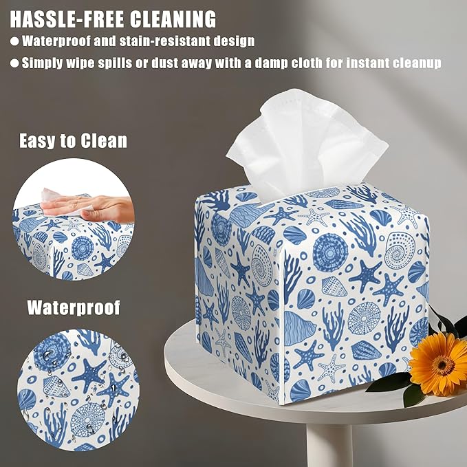 BLYKVGHQ Undersea World Square Tissue Box Cover Starfish and Seashell Tissue Box Holder Facial Cube Paper Dispenser Leather Decorative Organizer Home Office Desk Decor, 5.2"x5.2"x5.2"