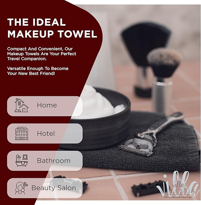 Villa Celestia Black Makeup Remover Towels Set of 4, 100% Soft Cotton Reusable Luxury 4 Pcs Makeup Wipes for Face, Ideal for Salon, Bath, Hotel, Spa, Washcloths for Face Pack of 4 (12"X12")