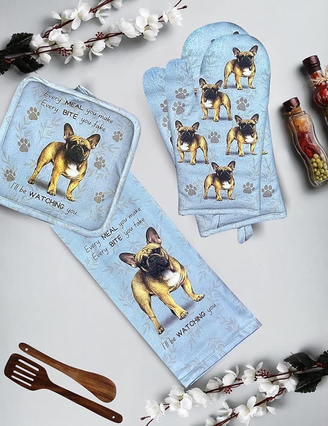French Bulldog 3-Piece Kitchen Set - Oven Mitt, Pot Holder & Kitchen Towel Set, Heat Resistant up to 420 F, Soft Quilted Cotton for Cooking, Baking, BBQ, Pet Lover Gifts (French Bulldog)