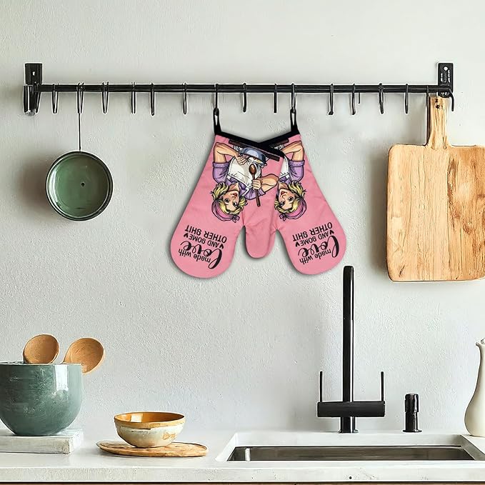 2 Pack Funny Baking Oven Mitts, Made with Love and Some Other Shit, Vintage Lady Heat Resistant Non-Slip Mitts, Humorous Bake Lovers Gifts, Housewarming Gifts for Women Hostess Chef Friend