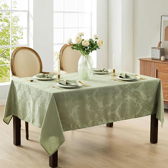 Newbridge Barcelona Damask Fabric Tablecloth, 52 x 70 Inch Rectangle, Sage Green – No Iron, Soil Resistant Table Cover for Dining, Parties and Holidays