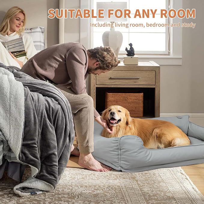 Removable Orthopedic Dog Beds for Large Dogs, Leather Memory Foam Dog Sofa Bed, Waterproof Durable Dogs Bed Couch with Non Skid Bottom for All Pet Sizes (Silver Gray, Medium)
