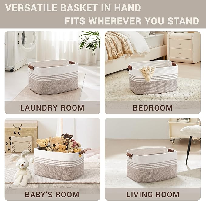 SunNewt 60L Large Laundry Basket with Leather Handles for Living Room Storage, Woven Rope Baskets Bin for Blanket, Kids Toy, Gifts, Wicker Hamper for Bedroom Dirty Clothes, White Brown