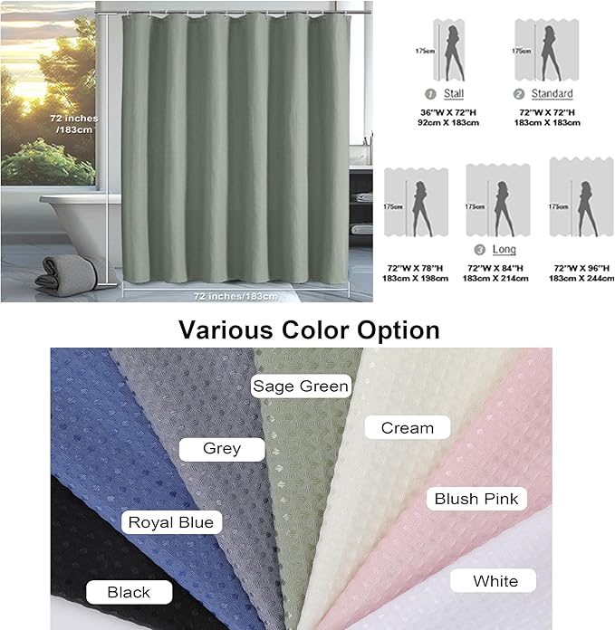 OVZME Extra Long Shower Curtain Set- 96 Inch Long Waffle Weave Heavy Duty Fabric Shower Curtains for Bathroom, Luxury Heavy Duty Thick Cloth Shower Curtain with 12 Plastic Hooks, 72x96, Sage Green