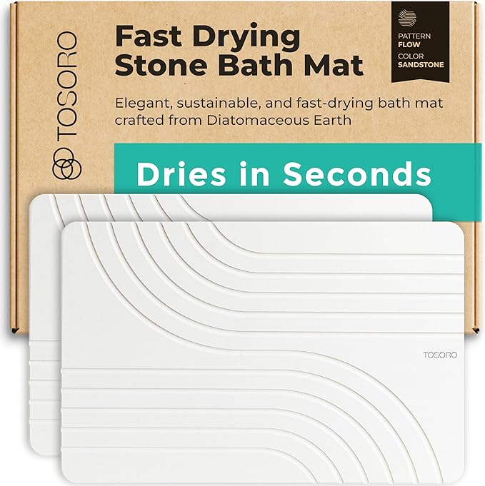 TOSORO - Stone Bath Mat, Diatomaceous Earth Non-Slip Stone Shower Mat - Quick Drying Absorbent Bath Mats for Bathroom - Elegant & Modern Design, Easy to Clean (23.5 x 15) - Sandstone, 2pcs